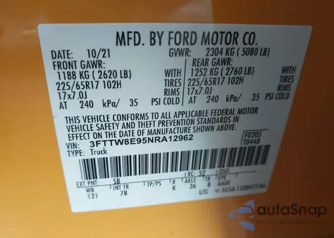 2022 Ford Maverick Xlt z USA, uszkodzony, nr VIN 3FTTW8E95NRA12962